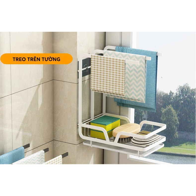 Kệ để giẻ rửa chén bát kiểu Nhật cao cấp + Chống Rỉ + Treo Khăn + Dán tường + Khay hứng nước Hàng Loại 1 - Chính Hãng MINIIN