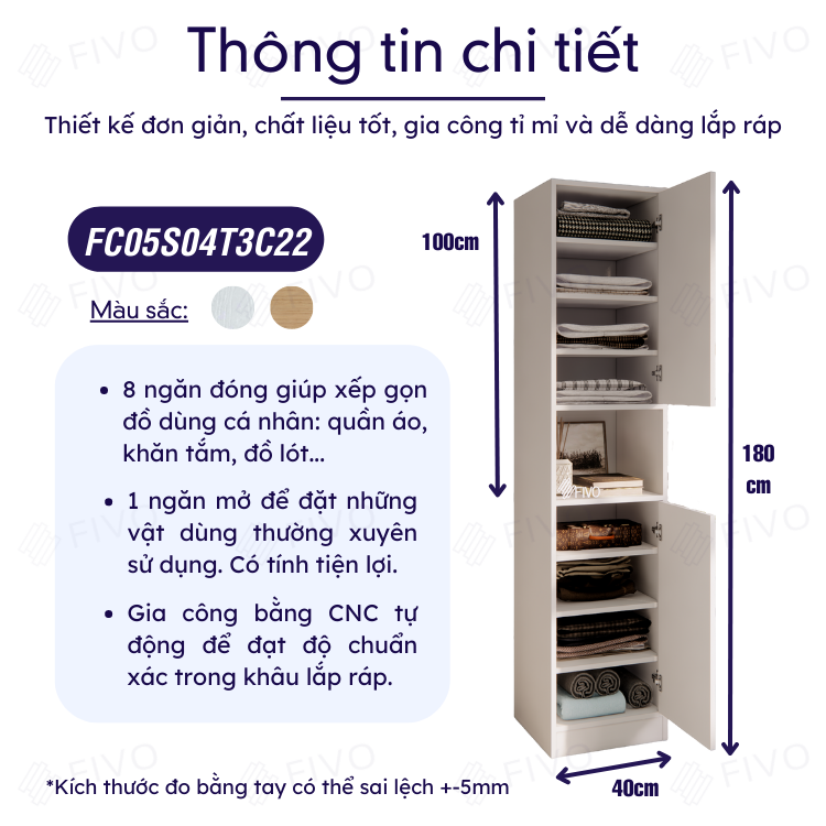 Tủ Quần Áo Cá Nhân Gỗ Chống Ẩm FIVO FC05 Thiết Kế Tinh Gọn Có Hộc, Phù Hợp Cho Không Gian Phòng Trọ, Giá Sinh Viên - Màu Full Trắng