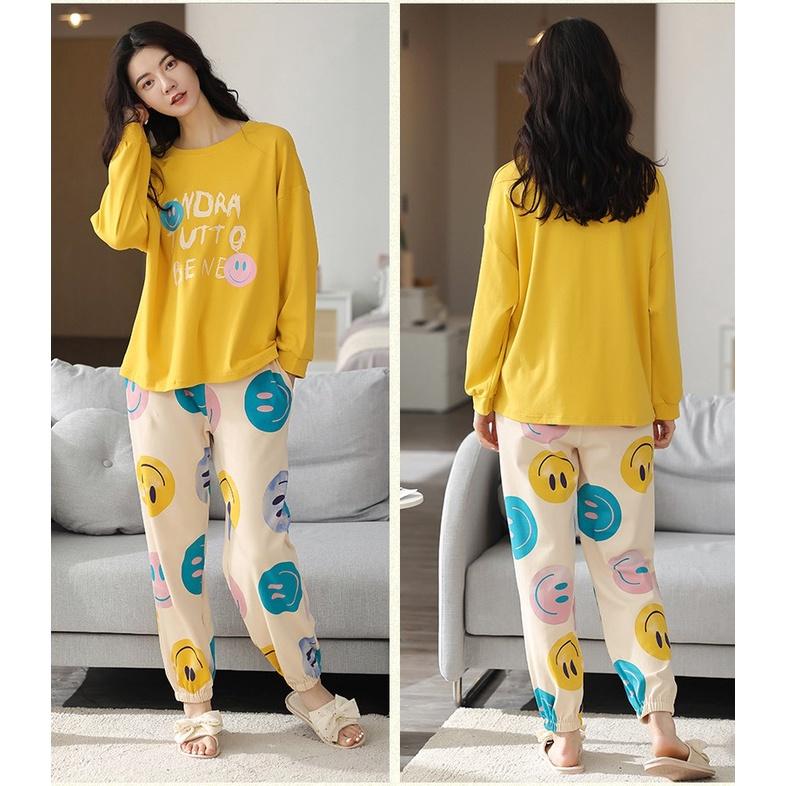 Bộ mặc nhà nữ, bộ ngủ nữ dài tay cotton thu đông