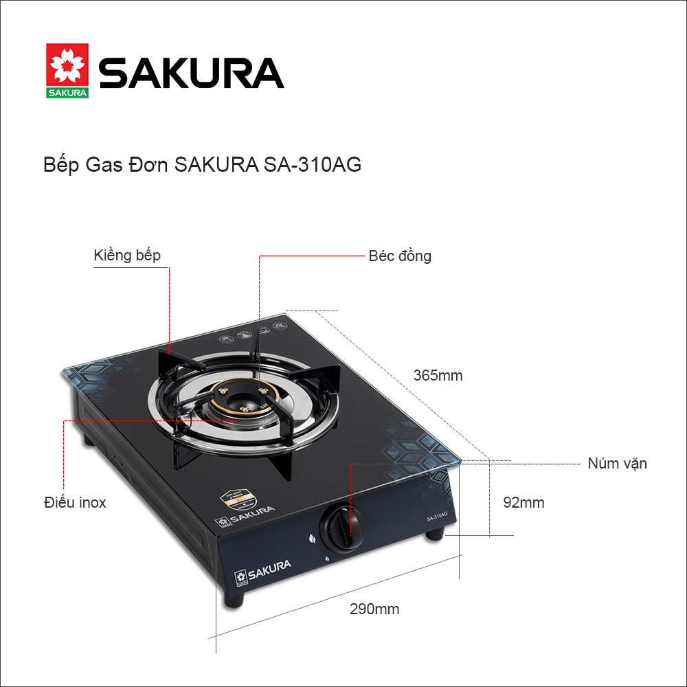 Bếp Gas Đơn SAKURA SA-310AG - Mặt Kính Cường Lực, Nhỏ Gọn - Hàng Chính Hãng