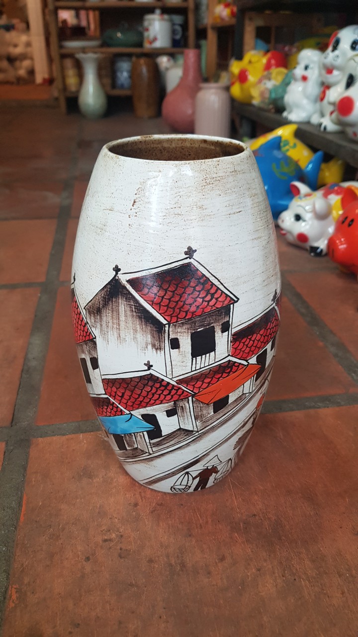 Bình hoa, bình cắm hoa với hoa văn phố cổ sinh động, cao 25cm, trang trí nhà cửa, quà tặng tân gia, sinh nhật, gốm Bát Tràng. Giao từ HCM