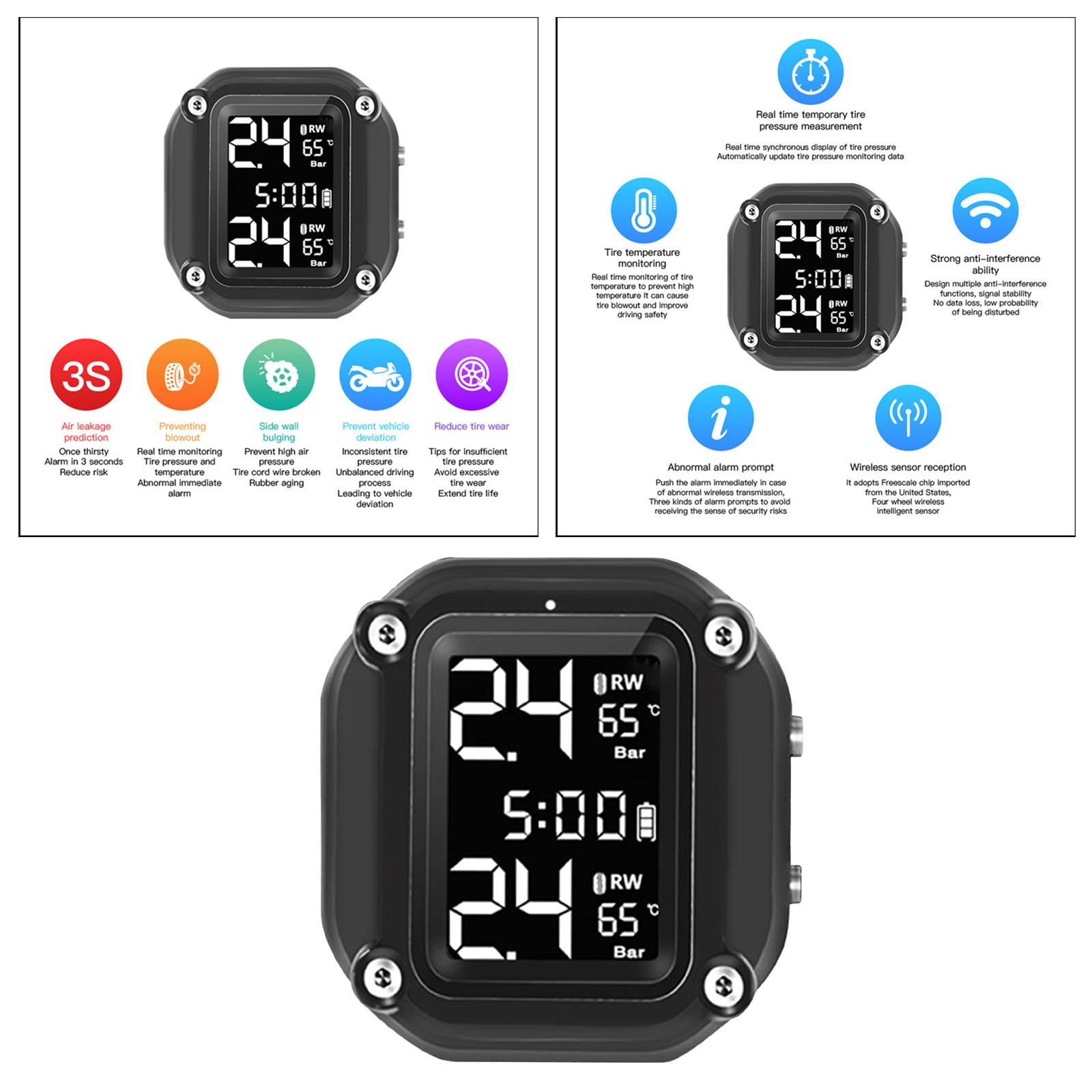 Motorcycle TPMS Tire Pressure Monitoring System Gauge LCD Display Durable