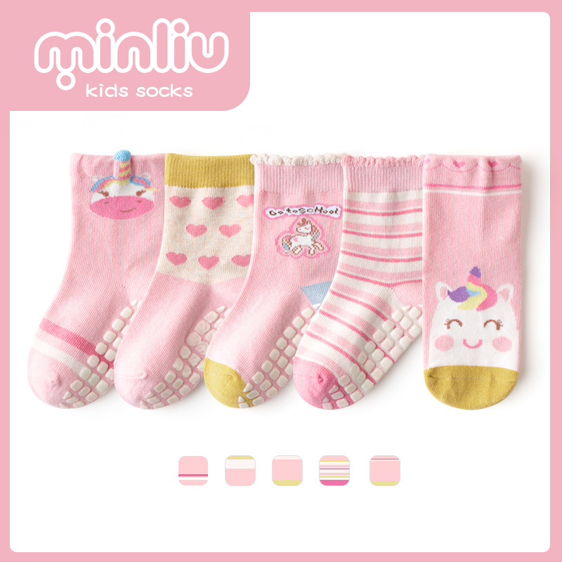 Set 5 Đôi Vớ Chống Trơn Bé Gái Màu Hồng Ngựa Pony ( Size 1-3 Tuổi )