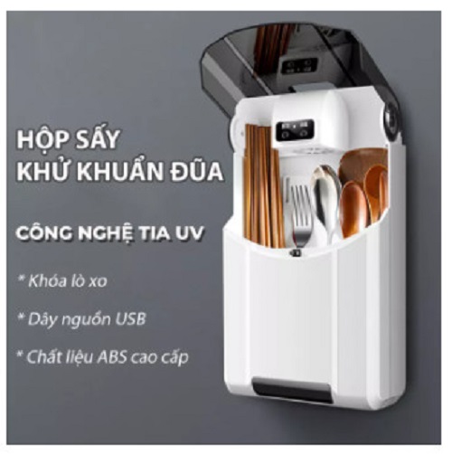 Hộp khử khuẩn và sấy đũa thìa gia đình nhanh khô, khử mùi, chống ẩm mốc, thiết kế có nắp đậy chống bụi bẩn và vi khuẩn xâm nhập - Máy sấy khô đũa tiệt trùng treo tường nhà bếp thông minh