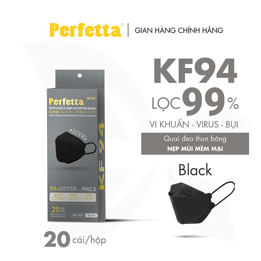 [1 Hộp - PERFETTA KF94] - Khẩu Trang Phong Cách Hàn Quốc Chất Lượng Cao, Kháng Khuẩn, Chống Bụi Mịn, 3 Lớp, Bảo Vệ Tối Ưu, Đóng Gói Từng Cái - (20 cái/hộp)