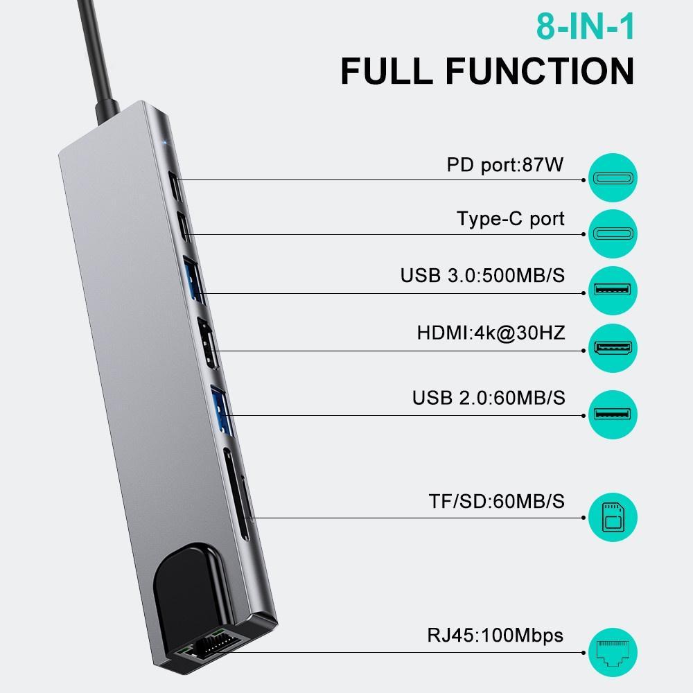 Bộ Hub Chuyển Đổi Type C Sang Usbc 3.0 Otg Hdmi RJ45 3 0 Micro Sd Dành Cho Macbook air Pro