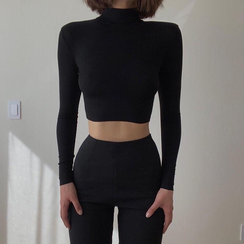 Áo croptop cổ lọ thun gân dài tay mềm mịn