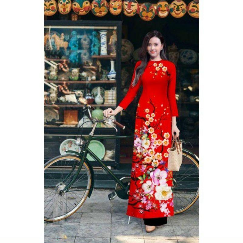 SÉT ÁO DÀI LỤA ĐỎ HOA ĐÀO VN