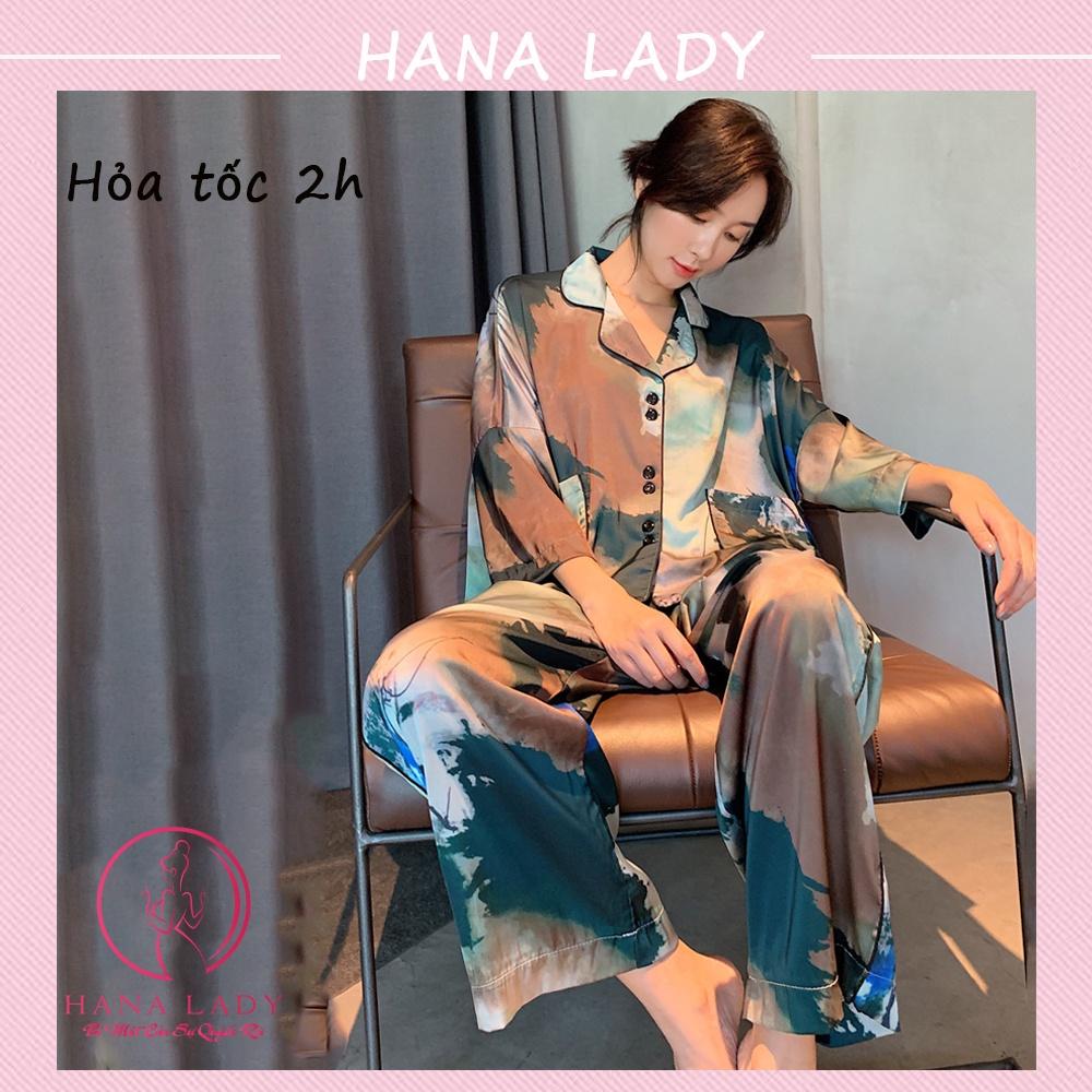 Đồ mặc nhà cao cấp - Pijama lụa cánh dơi họa tiết loan màu PJ540