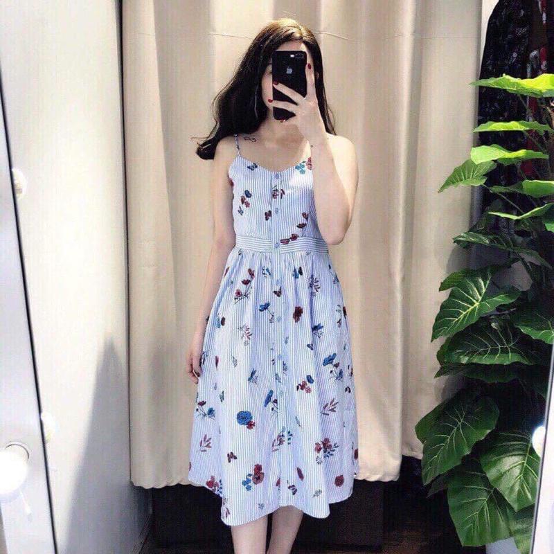 Đầm 2s thô lụa kẻ hoa xanh siêu hót