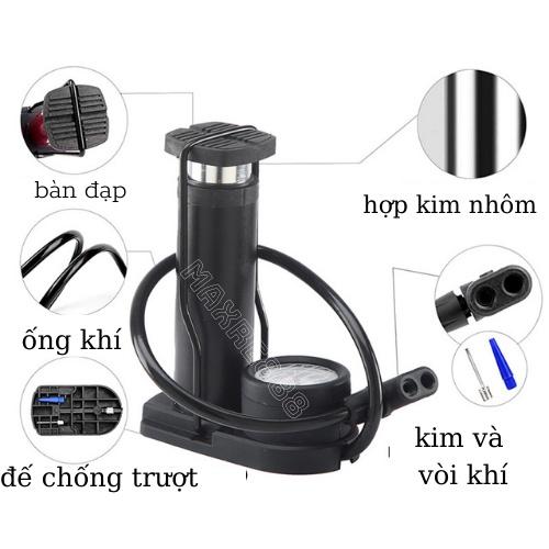 Bơm xe đạp xe máy xe hơi đạp chân di động có đồng hồ đo áp suất