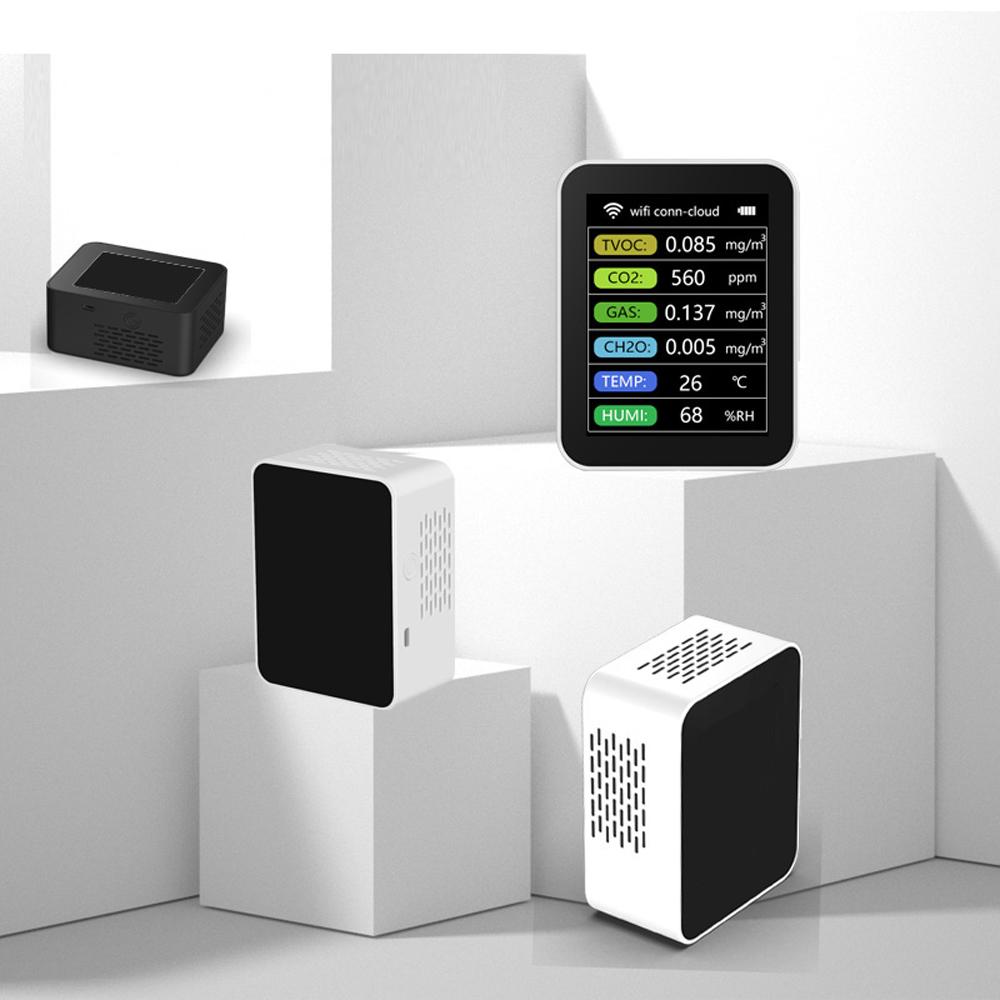 Tuya WiFi Portable Home Office Indoor Desktop Air Quality Detector 6 In 1 Multifunctional Detector TVOC CO2 Gases CH2O Temperature Humidity Detecting Intelligent Linkage Mobilephone APP Remotes Viewing