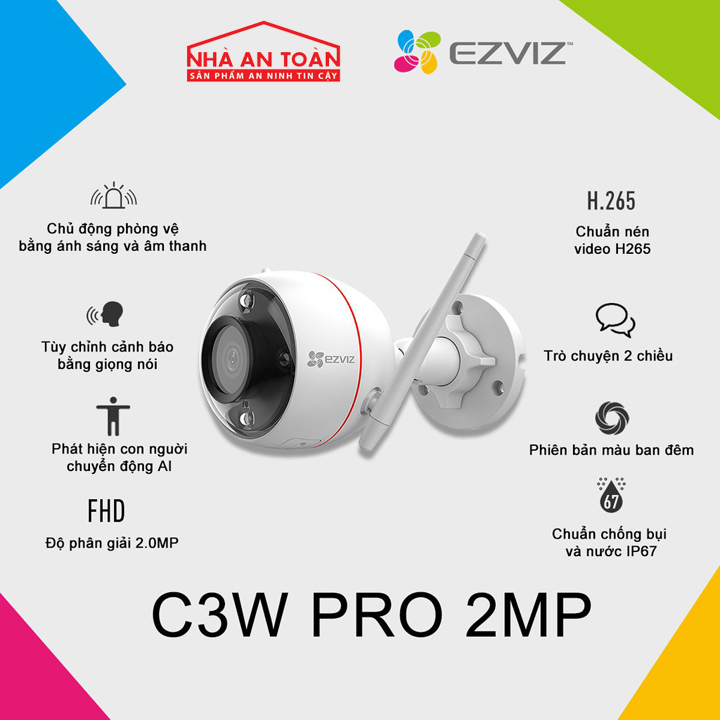 Camera IP Wifi ngoài trời EZVIZ C3W Pro Color Night bản 2MP hàng chính hãng Nhà An Toàn