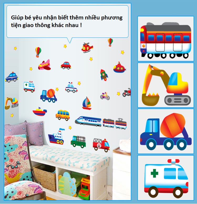 Decal trang trí phòng bé trai các loại xe, tàu, thuyền, khinh khí cầu
