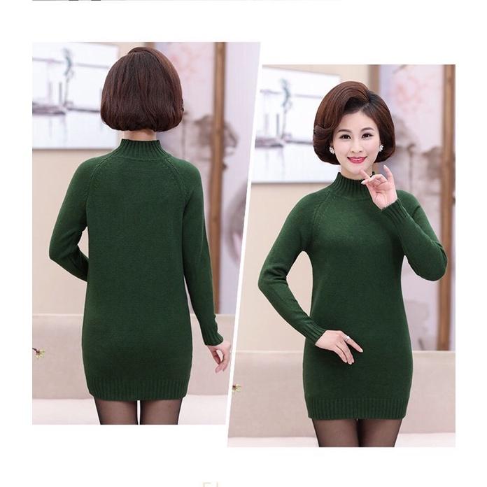 Áo len nữ trung niên dáng dài, váy len body dáng ngắn cổ cao cho bà cho mẹ