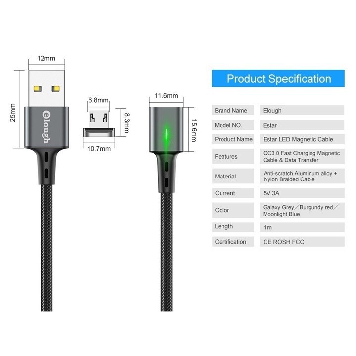 Cáp Sạc, Truyền Dữ Liệu Hít Nam Châm Elough Estar MicroUSB - Hỗ Trợ Sạc Nhanh QC 3.0 - Hàng Chính Hãng