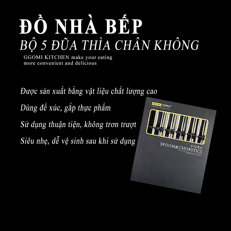 Bộ 5 đôi đũa và 5 thìa inox siêu nhẹ sản xuất bằng vật liệu chất lượng cao,bền bỉ đến từ GGOMi Hàn Quốc MK335