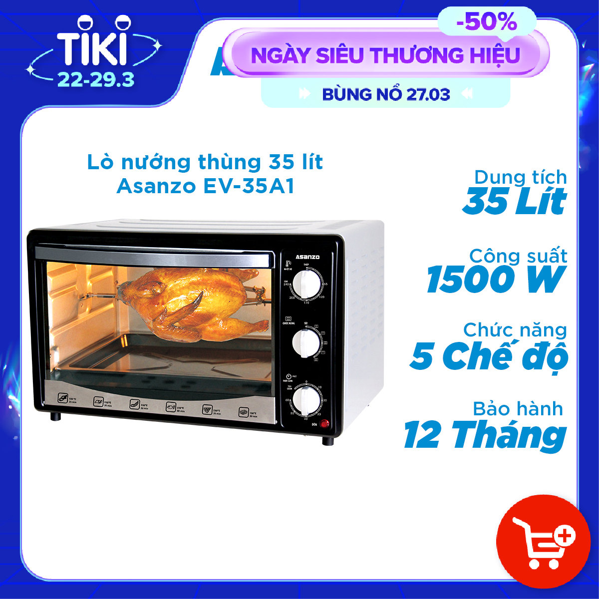 Lò nướng thùng 35lit Asanzo EV-35A1 Hàng Chính Hãng