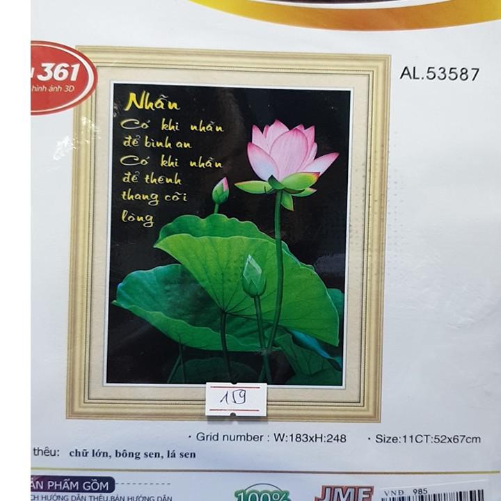 Tranh thêu chữ nhẫn hoa sen hồng 53587 - kích thước: 52 * 67cm.