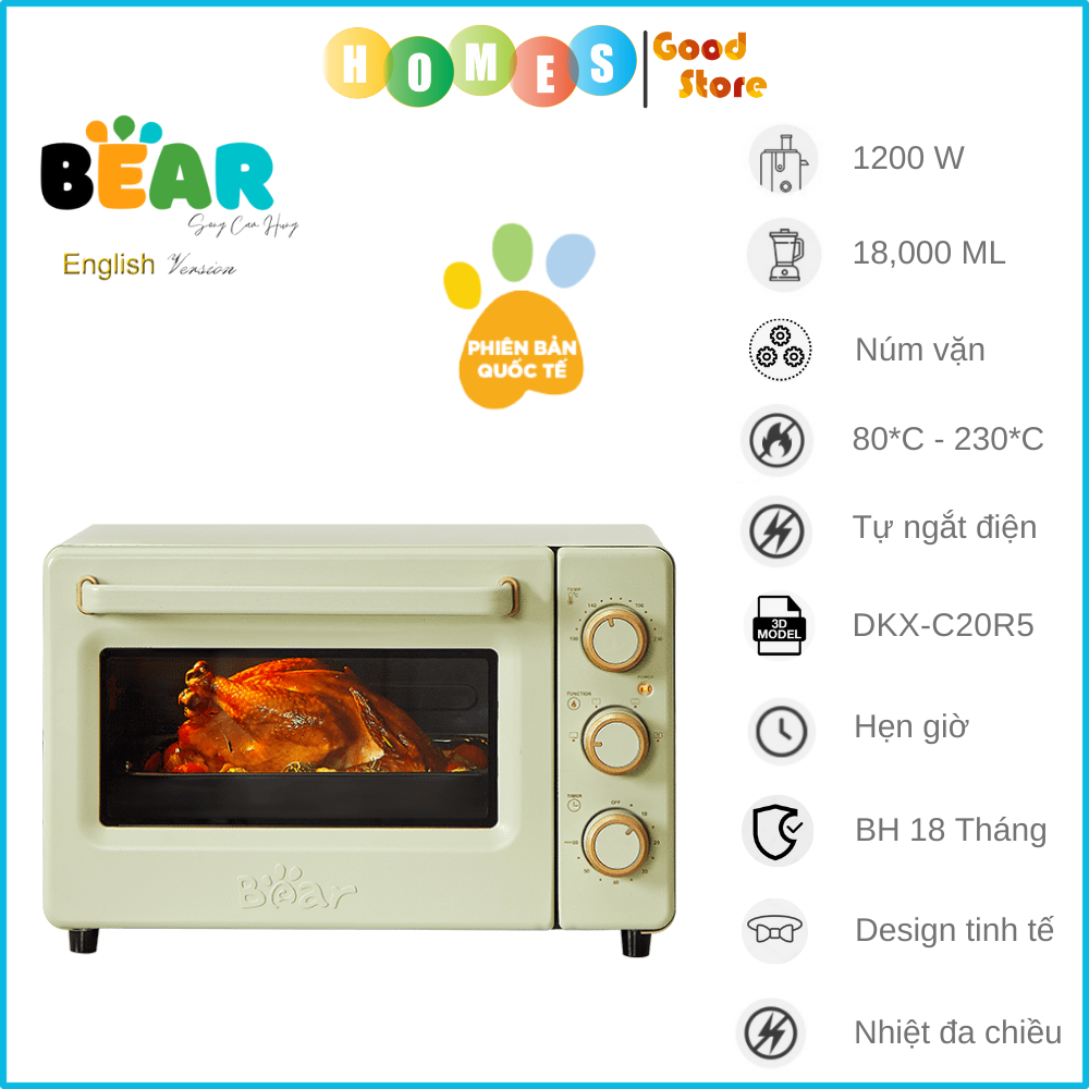 Lò Nướng Điện Kiêm Hấp Đa Năng BEAR DKX-C20R5 Dung Tích 18 Lít Công Suất 1200 W - Hàng Chính Hãng