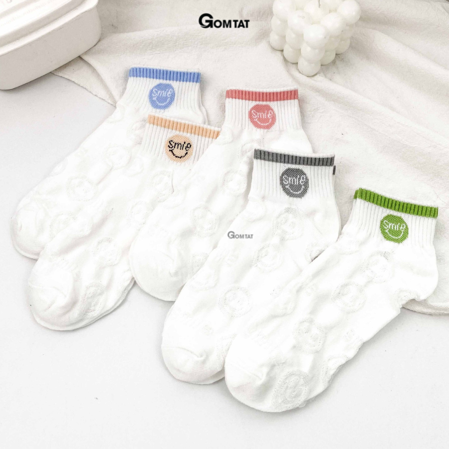 Set 5 đôi tất vớ nữ cổ ngắn GOMTAT họa tiết mặt cười chữ smile, chất liệu cotton cao cấp mềm mại thoáng khí - CB092