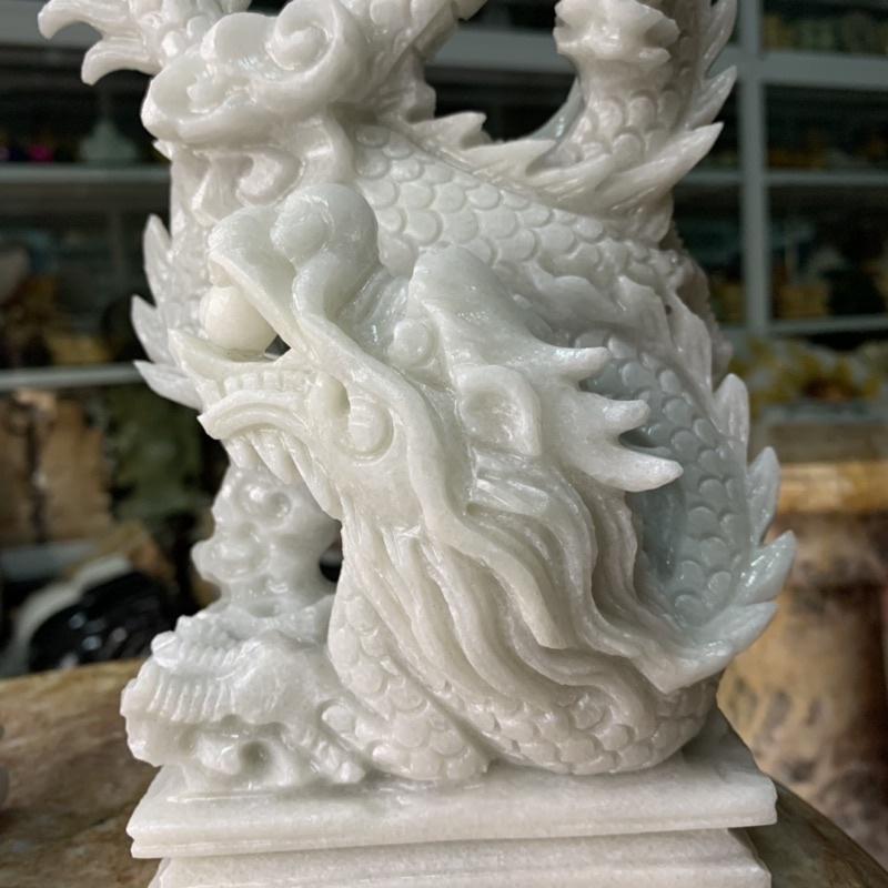 Cặp Rồng Ngậm Ngọc Đá Cẩm Thạch Trắng - cao 23cm