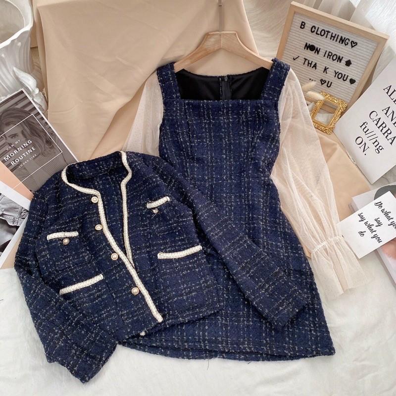 Set ulzzang áo khoác dạ bố viền trắng + đầm bố tay voan 2 lớp có lót trong dày dặn mềm mịn sang trọng