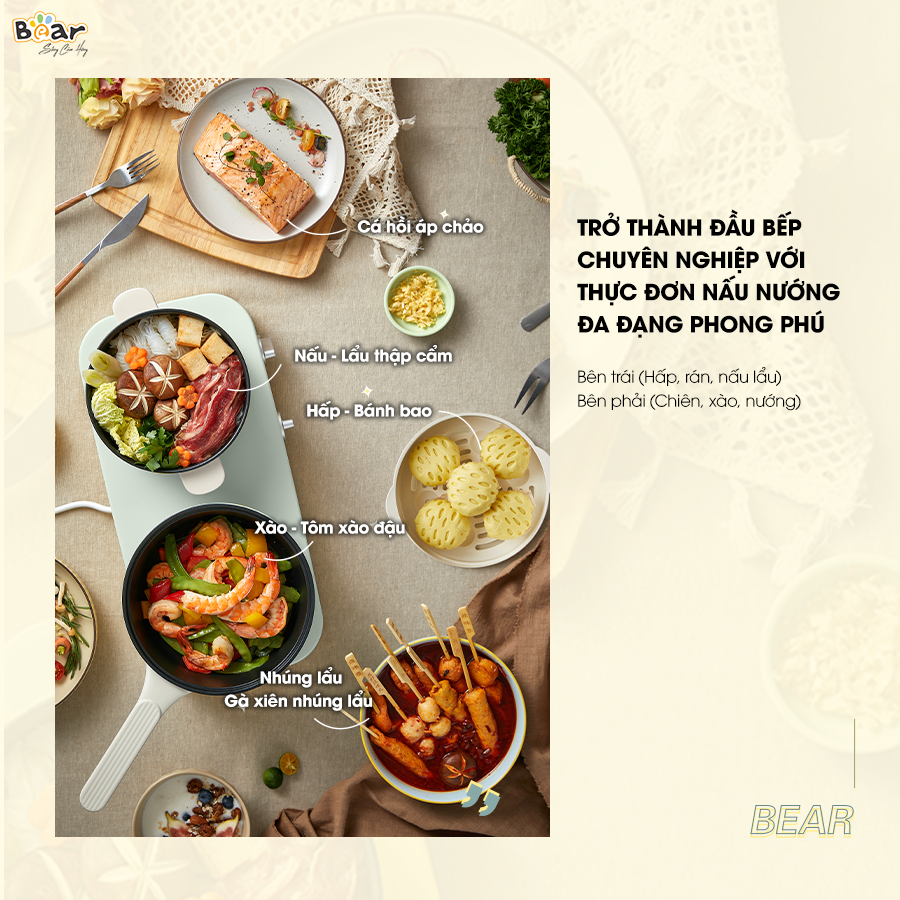 Bộ Bếp Điện Đôi Bear Kèm Nồi Chảo Đa Năng Hấp Luộc Chiên Tiện Lợi Tiết Kiệm Chi Phí Dễ Vệ Sinh SB-BD02N - HÀNG CHÍNH HÃNG