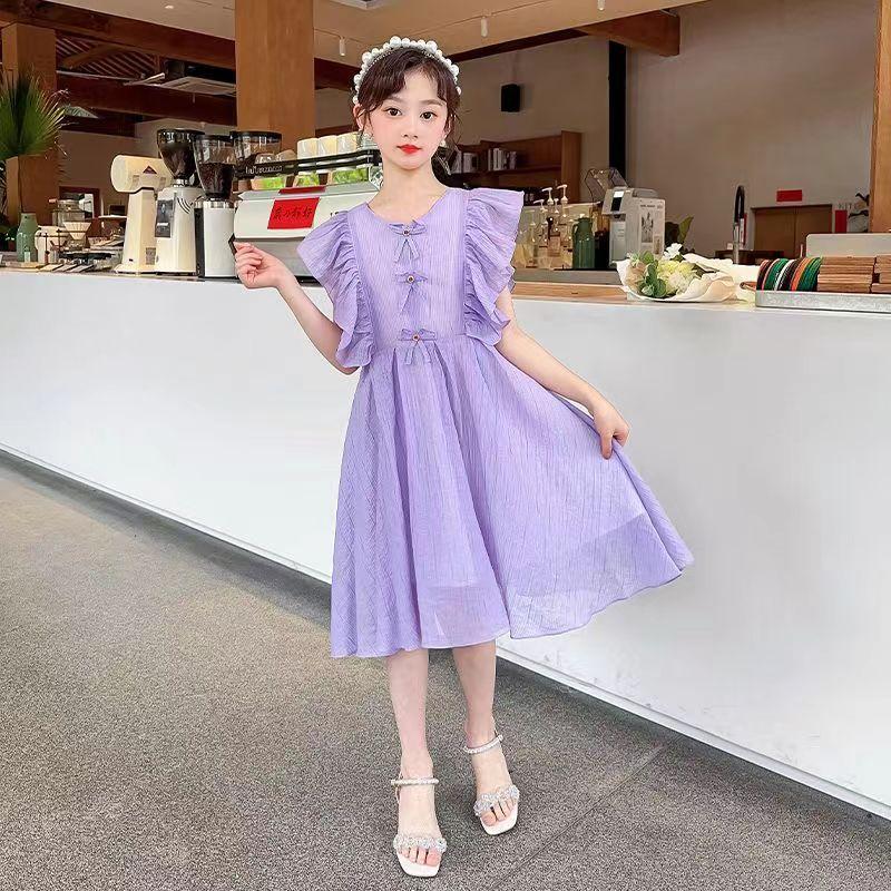 CHENGRUI Cô gái ăn mặc mùa hè 2023 phong cách phương Tây trẻ em chiffon lưới váy công chúa màu đỏ thời trang cô gái không tay váy ẩm ướt