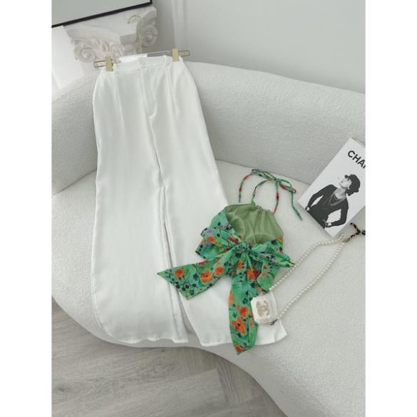 Set áo croptop cổ yếm hoa xanh lá cột dây lưng kèm quần suông trắng