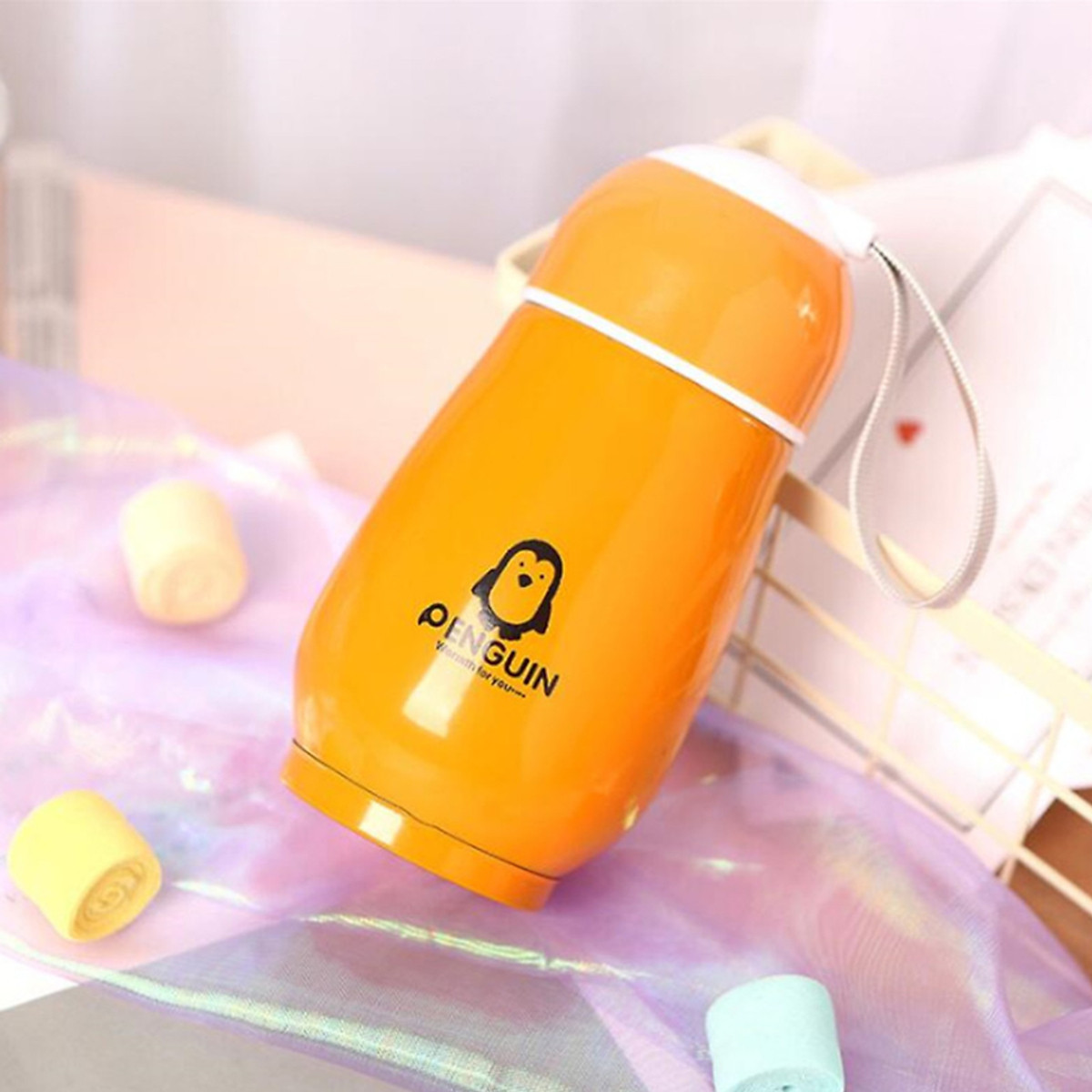 Bình đựng nước, bình ủ cháo giữ nhiệt ruột inox vỏ nhựa hình chim cánh cụt dễ thương, nhỏ gọn tiện lợi