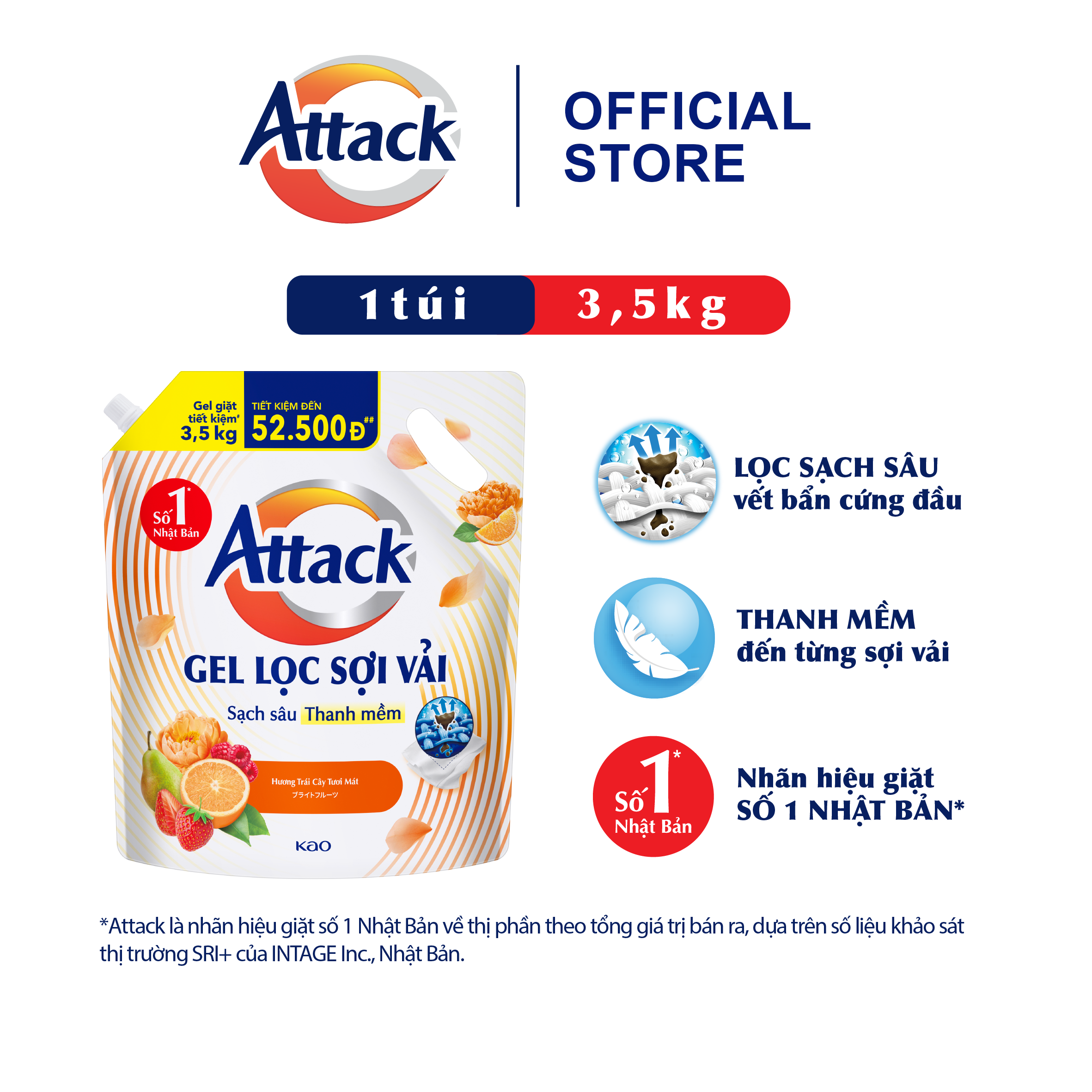 Gel Giặt Attack Hương Trái Cây Tươi Mát Túi 3.5Kg