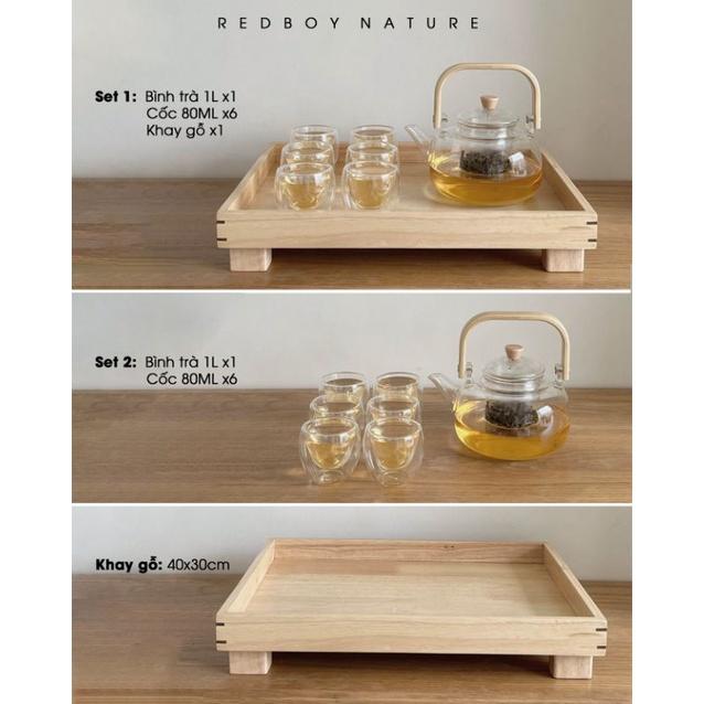 Bộ ấm trà thủy tinh chịu nhiệt, kèm khay gỗ