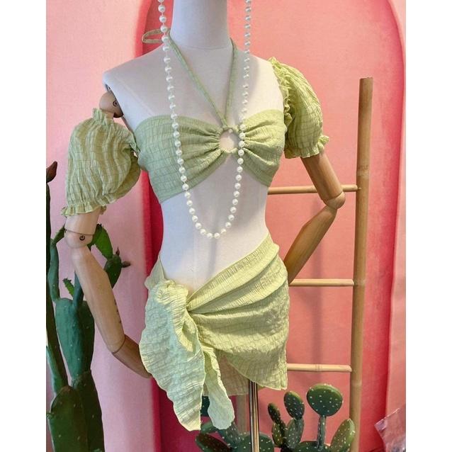 SET 3 MÓN BIKINI, ĐỒ BƠI HAI MẢNH TAY BỒNG TRỄ VAI PHỐI KHOEN ÁO KÈM KHĂN QUẤN SEXY - ODERI BM-110
