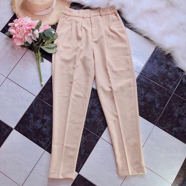 Quần baggy nữ cap cao lưng thun màu kem