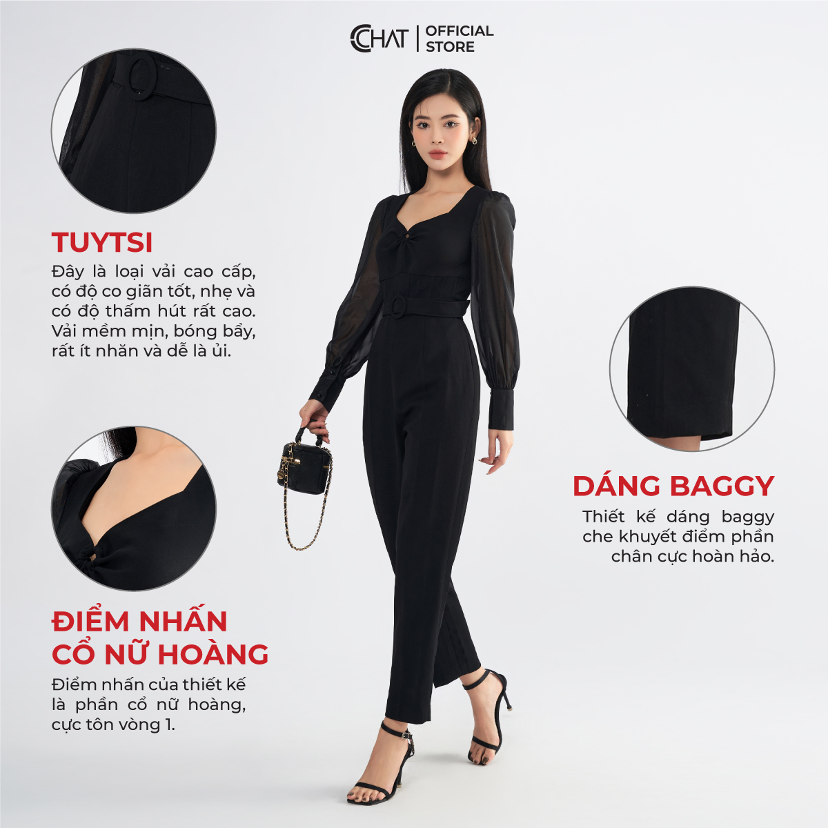 Jumpsuit Nữ  Cổ Nữ Hoàng Phối Tay Chất Tuytsi Cao Cấp Mềm Mịn 22JDS8007BT