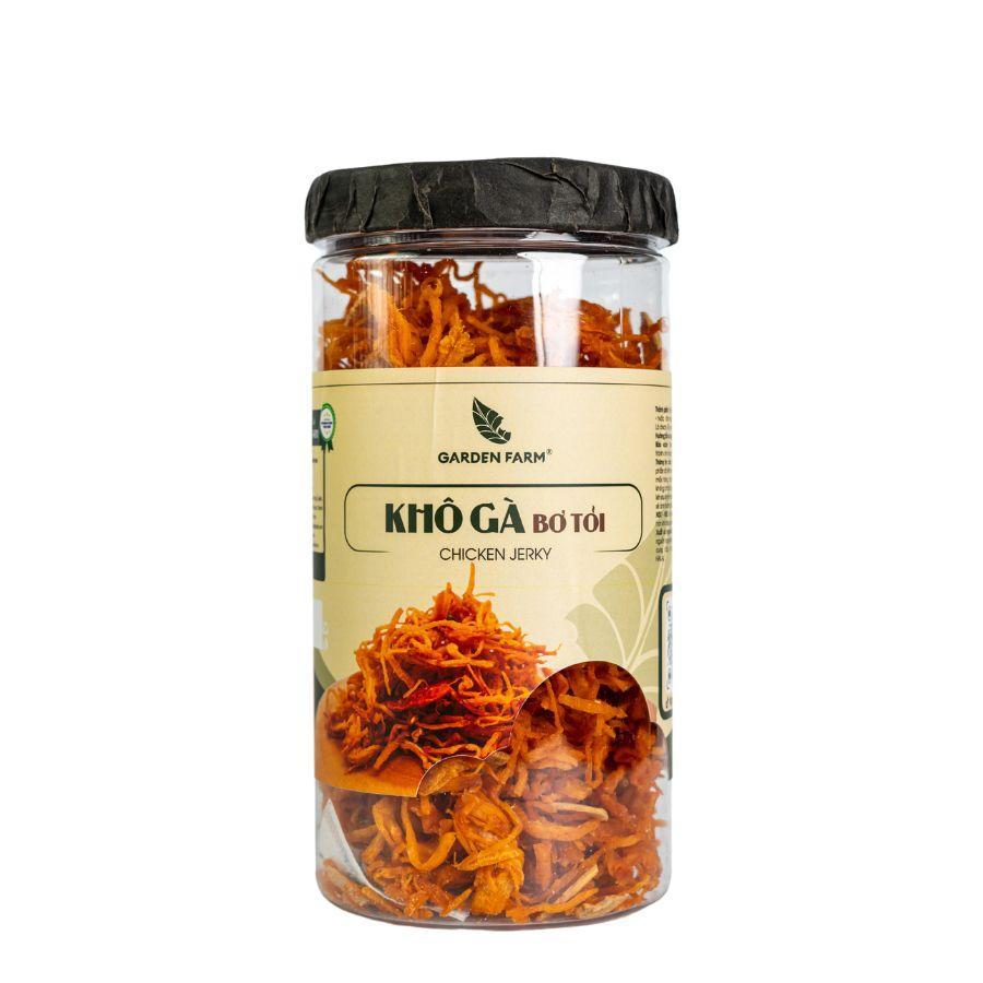 Khô Gà Bơ Tỏi GARDEN FARM hũ 300g thơm ngon đặc sắc, ăn vặt lành mạnh.