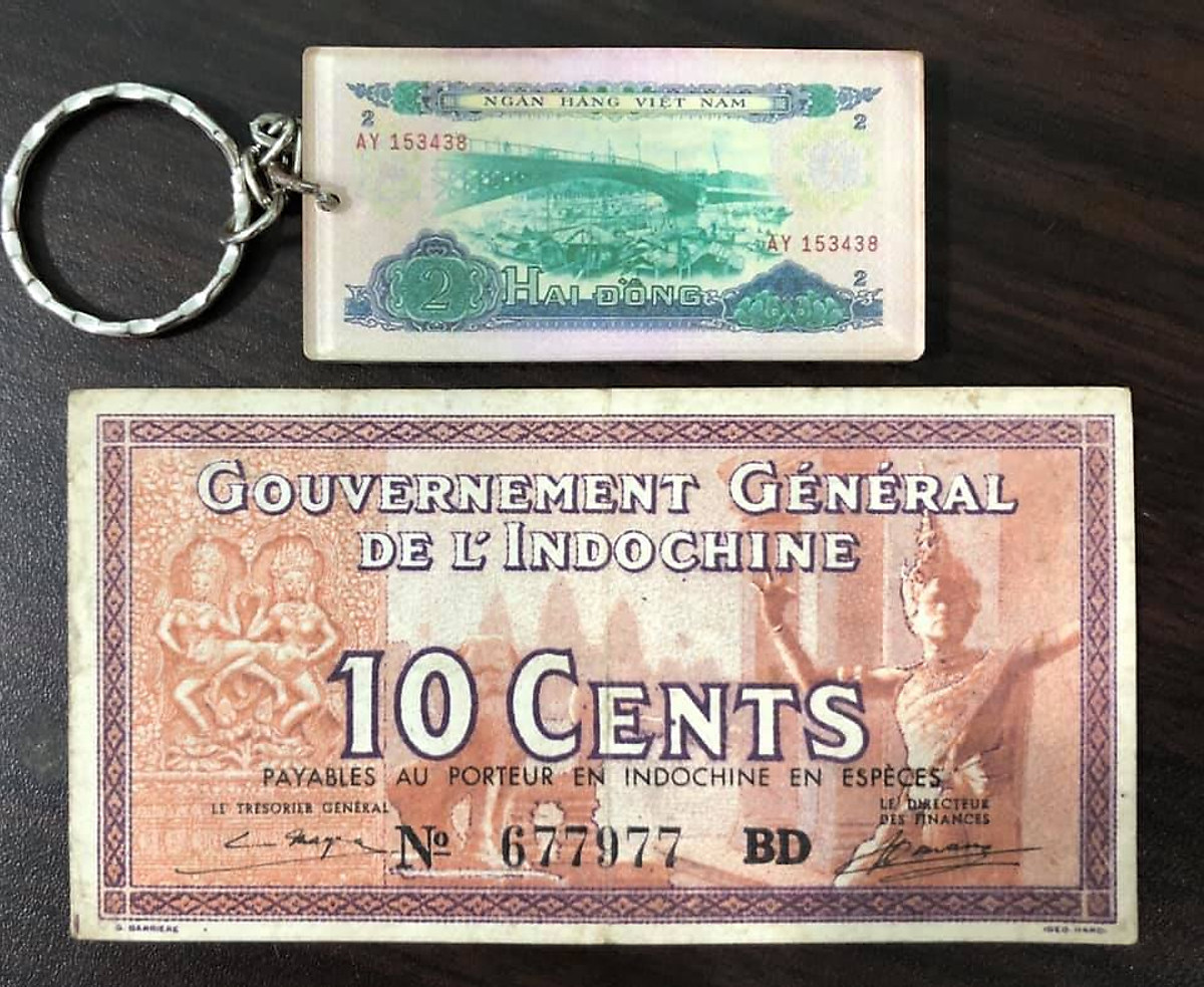 Tờ 10 xu cổ Đông Dương 3 nước Việt Nam, Lào, Campuchia dùng chung (kèm móc chìa khóa hình tiền xưa lạ mắt) - Chất lượng như hình, Tiền xưa thật 100%