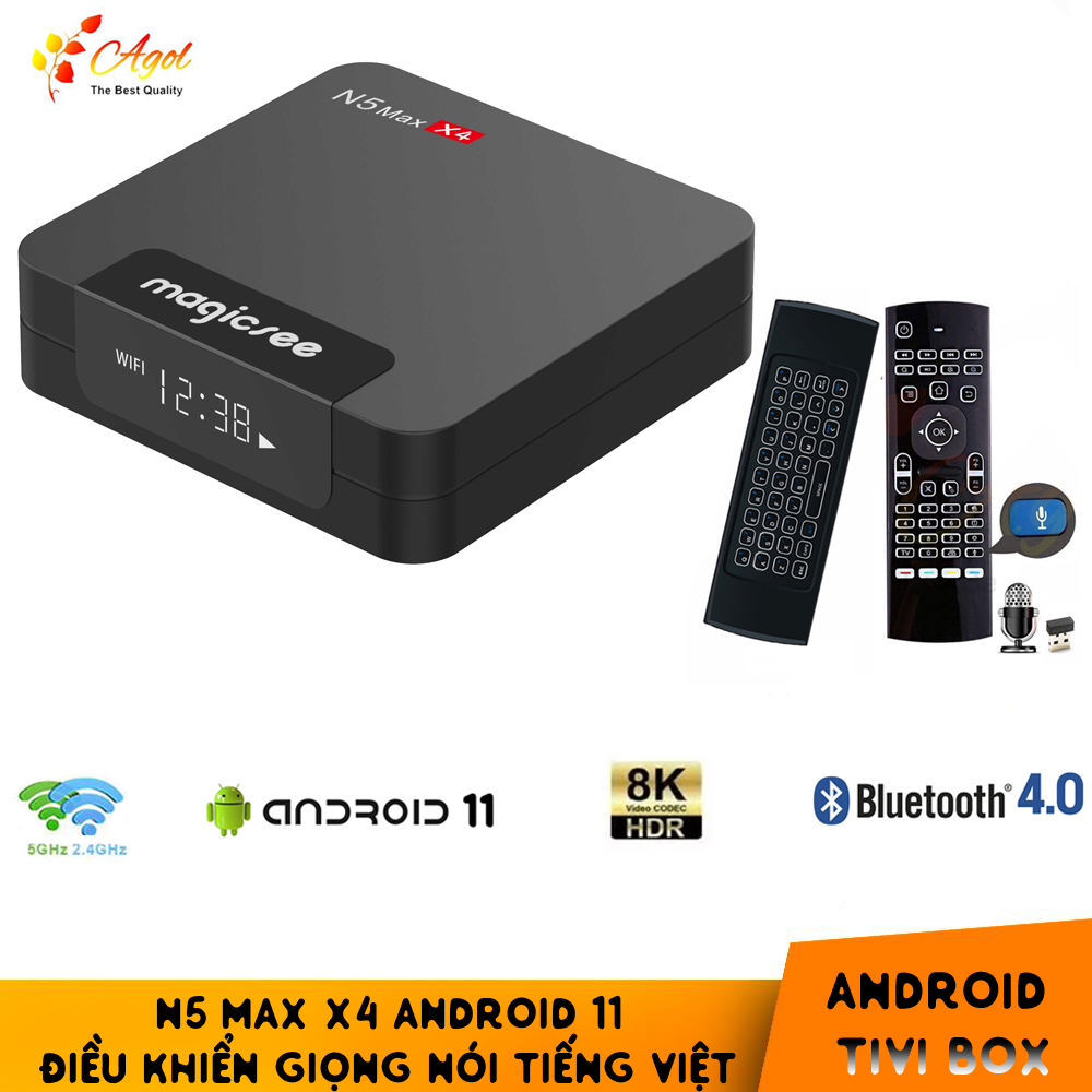 Android tivi box n5 max x4 Ram 4G Android 11 điều khiển giọng nói kiêm bàn phím chuột bay có đèn nền wifi 2 băng tần bluetooth S905X4 cài sẵn phim, truyền hình cáp miễn phí vĩnh viễn