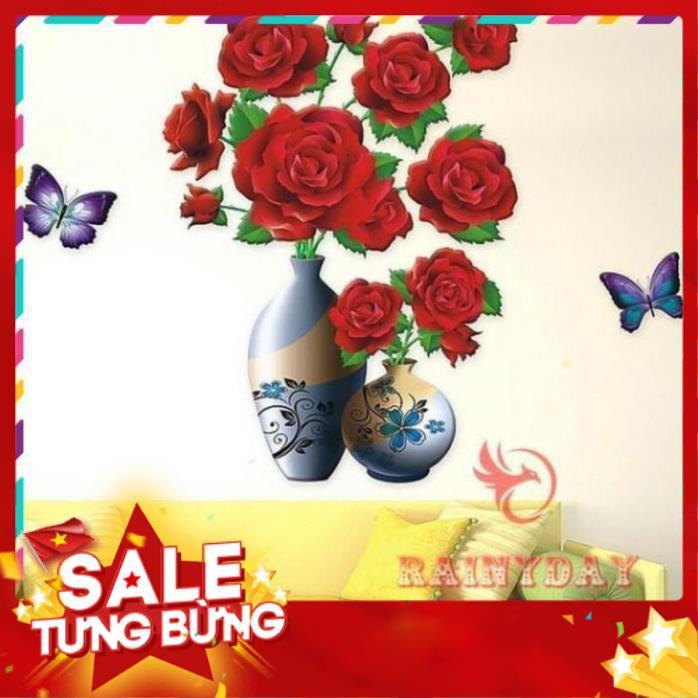 Tranh dán tường 3D treo phòng khách, phòng ngủ trang trí đẹp hình bình lọ hoa hồng/sen/trà/đào .