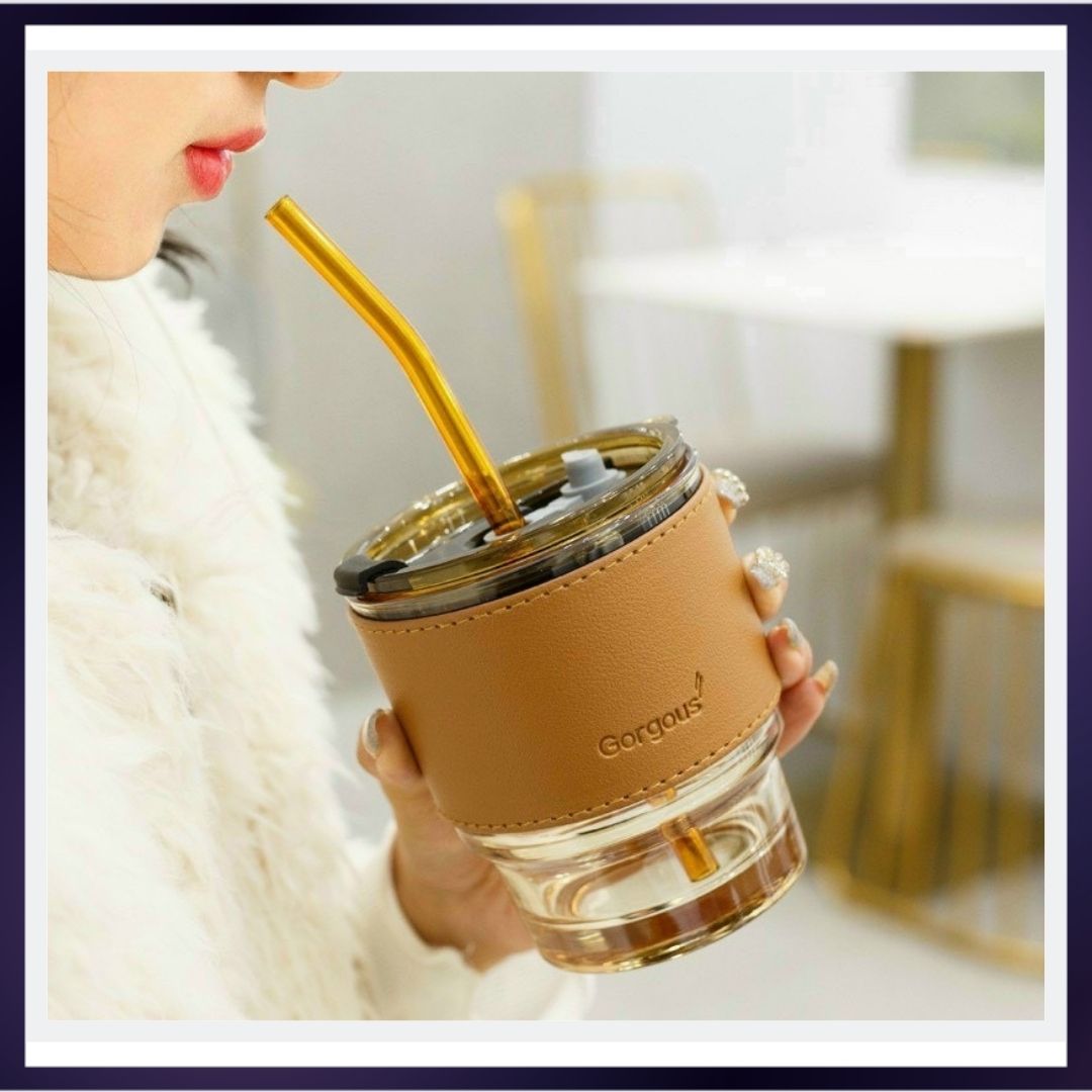 Cốc thủy tinh uống cà phê, trà, nước ép, có ống hút và bao da chống nóng, sang trọng, tiện lợi