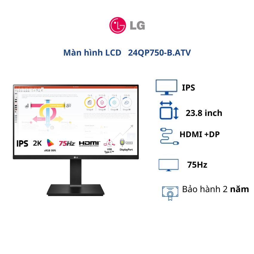 Màn hình LCD LG 23.8 inch 24QP750-B.ATV (QHD| IPS| 75Hz| HDMI+DP)-BH 24 tháng - Hàng chính hãng