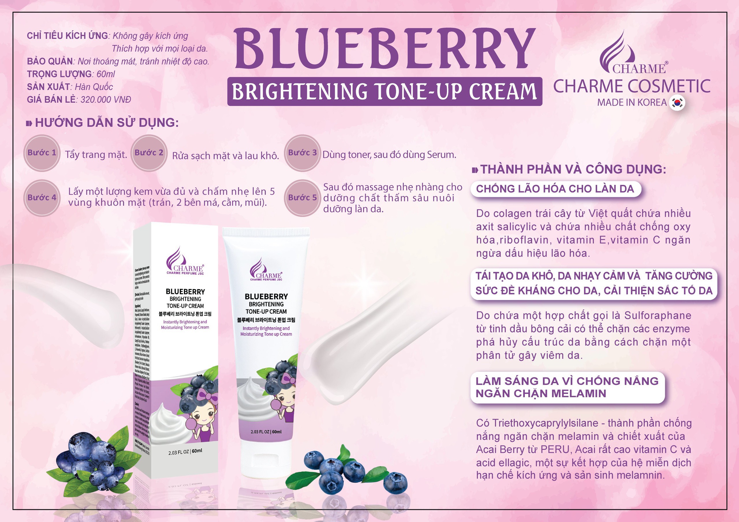 Kem dưỡng da mặt, Charme Blueberry Brightening, Tone-Up Cream, dưỡng sáng, nâng tone tự nhiên, 60ml