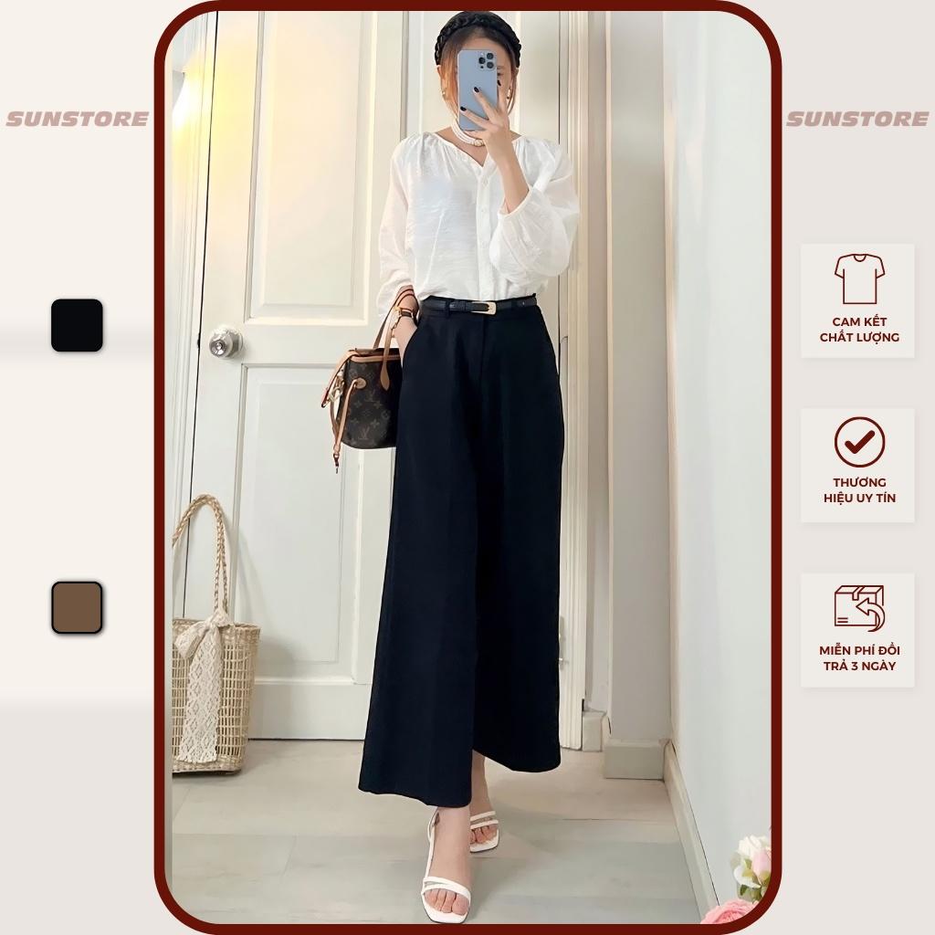 Quần lửng ống rộng nữ culottes lưng cao cạp cao vải dáng suông màu nâu và đen - Sunstore - Đen, Đen