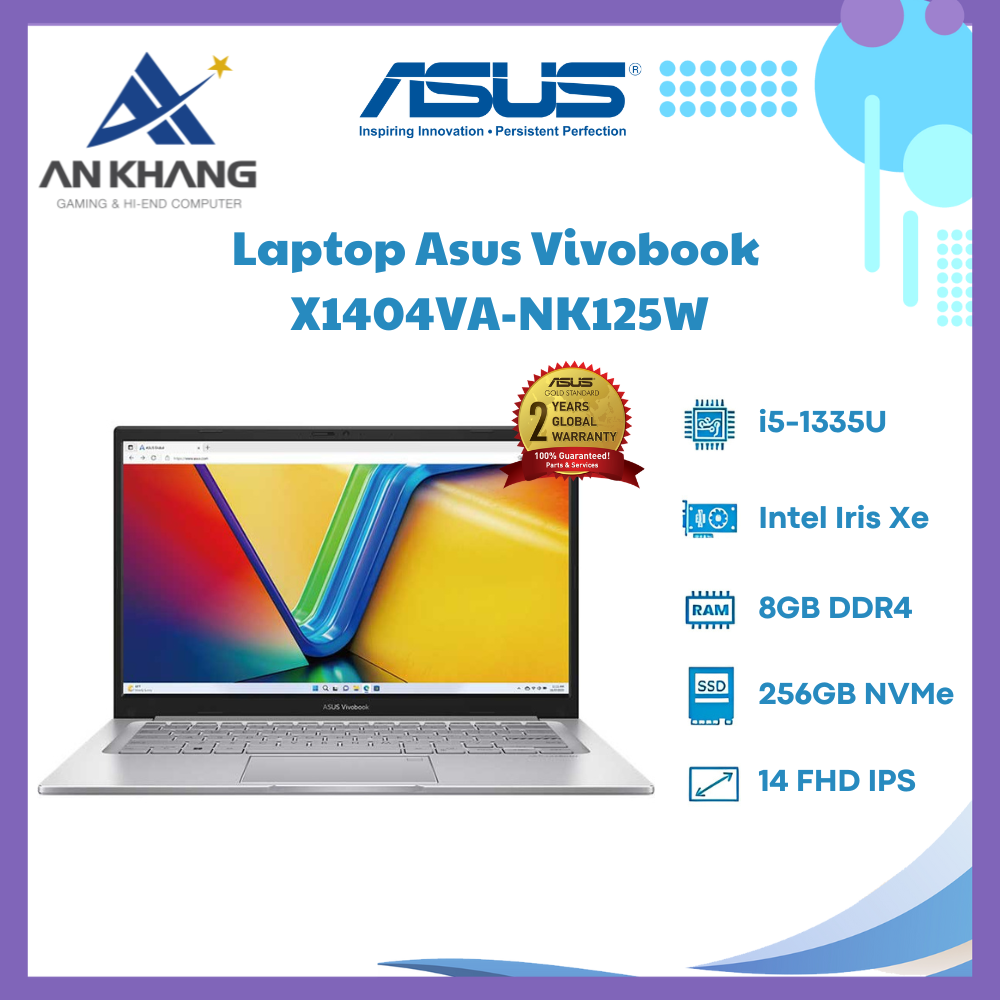 Laptop Asus Vivobook 14 X1404VA-NK125W (Core i5 1335U/ 8GB/ 256GB SSD/ Intel UHD Graphics/ 14.0inch Full HD/ Windows 11 Home/ Silver/ Vỏ nhựa) - Hàng Chính Hãng - Bảo Hành 24 Tháng.