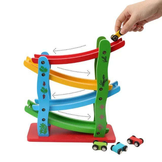 Đồ chơi cầu trượt 4 tầng bằng gỗ kèm 4 chiếc xe - đồ chơi giáo dục - Đồ chơi gỗ MG45