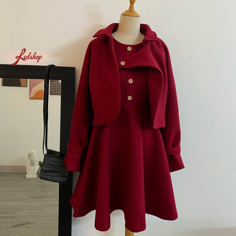 Set váy nhung và áo khoác mùa đông phong cách Hàn Quốc Red Shop 28211, 28212