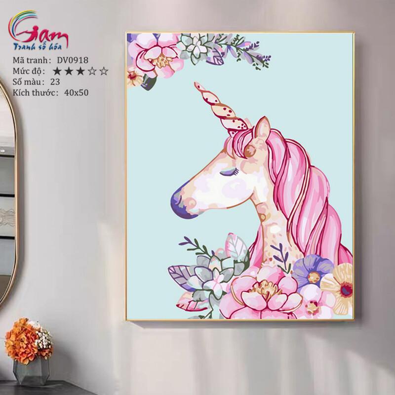 Tranh tự tô màu theo số sơn dầu số hóa Tranh ngựa thần Unicorn thành công may mắn DV0918