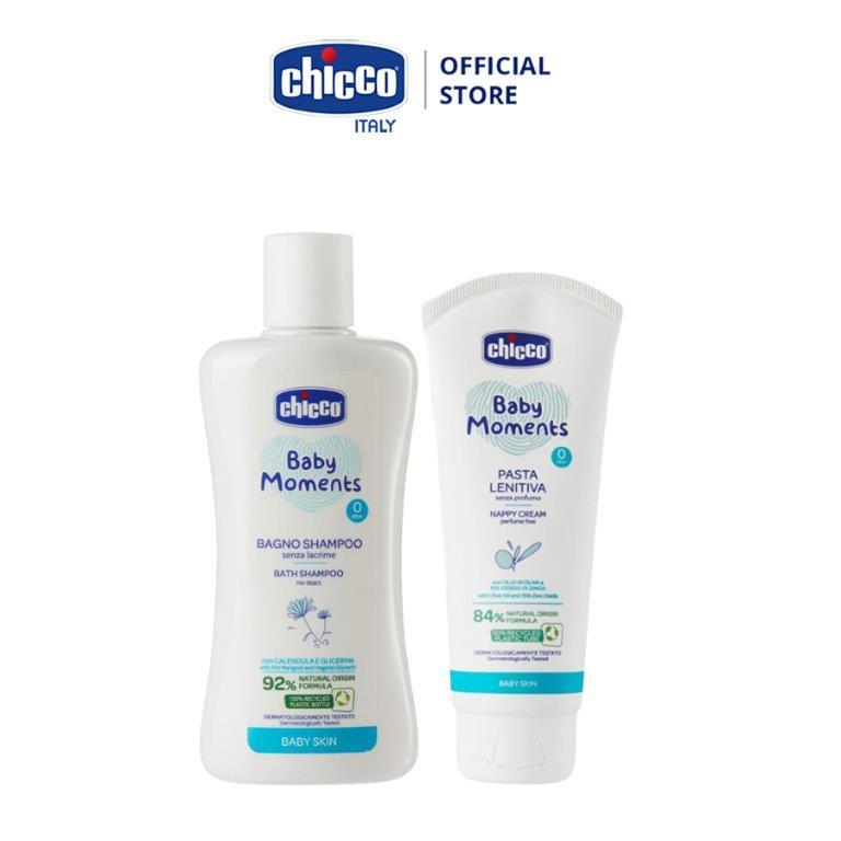 Combo Sữa tắm gội chiết xuất Hoa cúc 0M+ Chicco 200ml + Kem hăm 3 tác động Chicco 0M+ 100ml (mới)