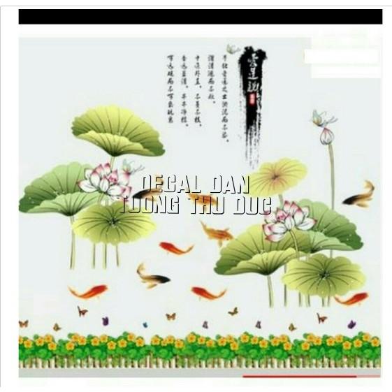 BỘ COMBO DECAL GHÉP ĐÔI TRANG TRÍ - sen lớn chữ tàu phối chân hoa vàng